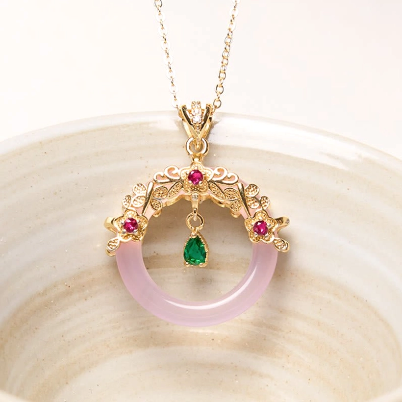 Pink chalcedony peace buckle pendant necklace with gold ornate setting