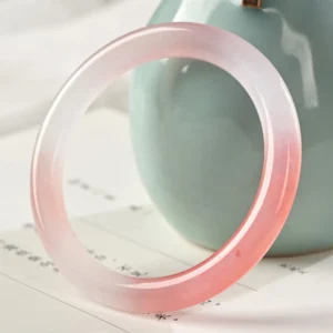8mm Pink Golden Silk Jade Bangle Bracelet - Slim width elegant design with translucent pink-white gradient finish