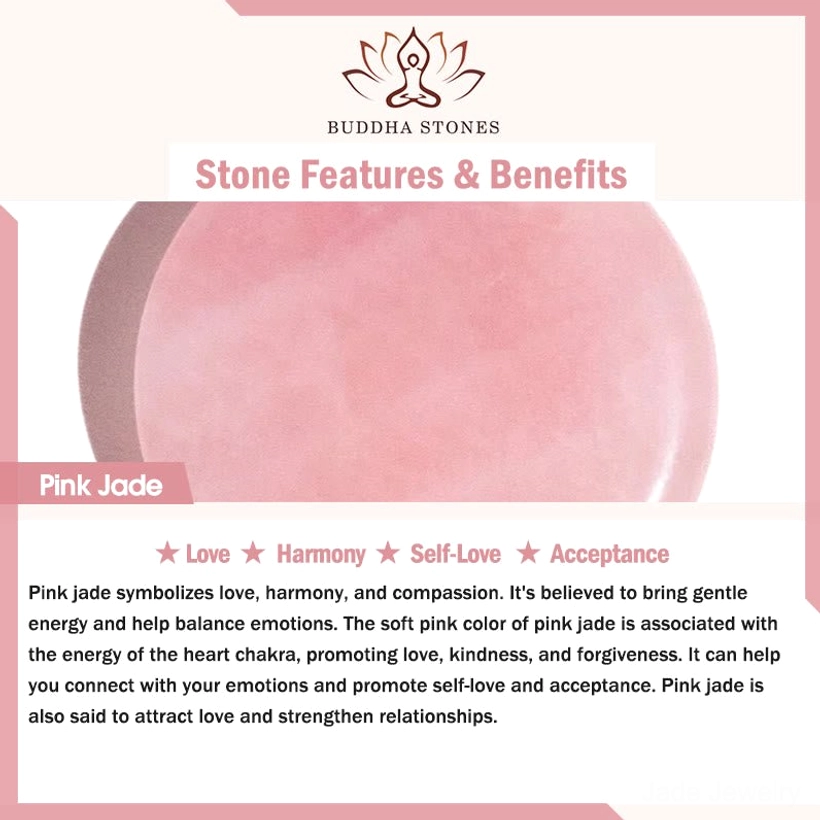 Pink jade healing properties and benefits infographic, symbolism for love self-love and heart chakra