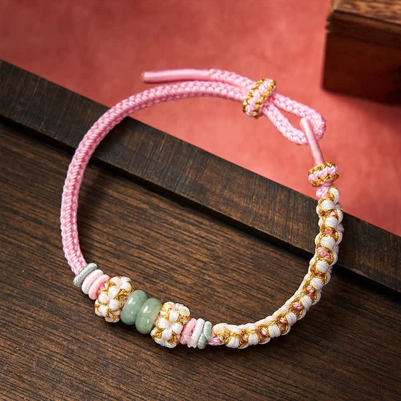 Pink peach blossom jade luck bracelet adjustable cord