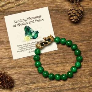 Green jade Pixiu beaded bracelet with gold charm displayed on wooden table with pinecones and blessing message card