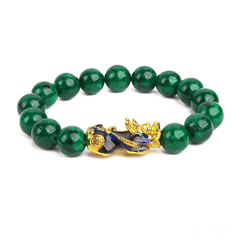 Pi Xiu jade wealth protection bracelet authentic craftsmanship showing natural variations in cyan jade stone color and marbling characteristic of genuine materials