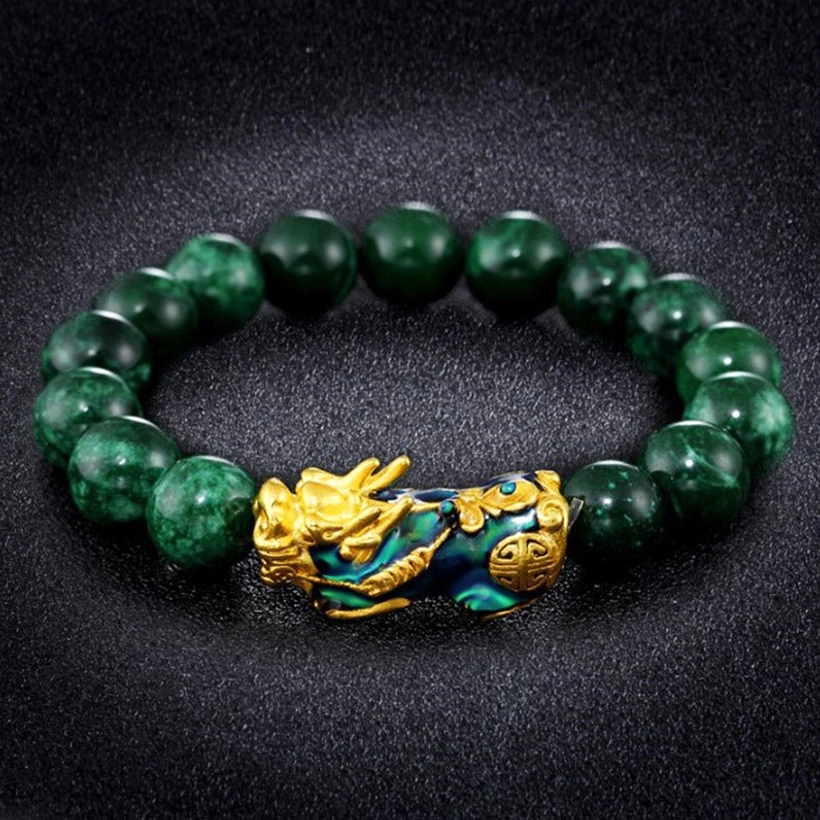 Pi Xiu wealth attraction jade bracelet in multiple bead sizes showing 10mm, 12mm and 14mm options for different wearing preferences and wrist sizes