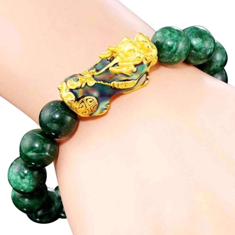Feng shui Pi Xiu jade fortune bracelet wear guide showing proper left wrist placement for wealth attraction and correct positioning for feng shui protection benefits