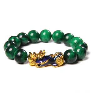 Pixiu jade prosperity bracelet with dark green jade beads and gold-plated Pixiu charm on white background, side-front view