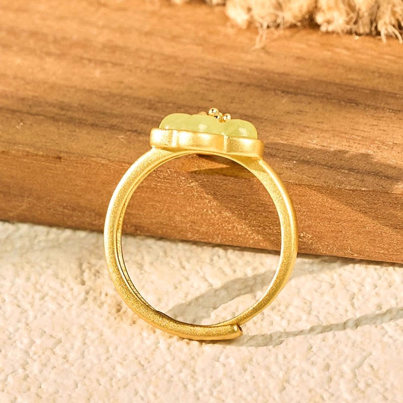 Jade Copper Ring - Rear view of adjustable open band showing back of delicate jade plum blossom setting