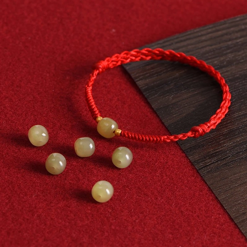 Premium Hetian jade green stone 999 gold bead red cord detail