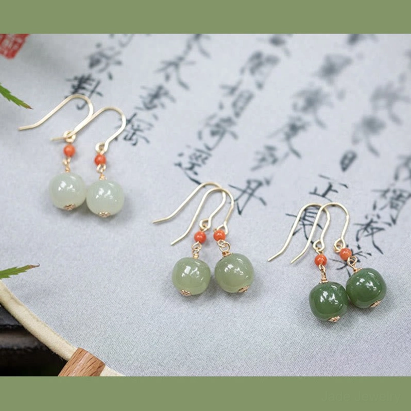 Premium hetian jade and red agate dangle earrings with precious metal plating artisan crafted