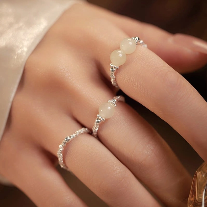 Premium Hetian jade and sterling silver ring - luxury Chinese jade jewelry close-up