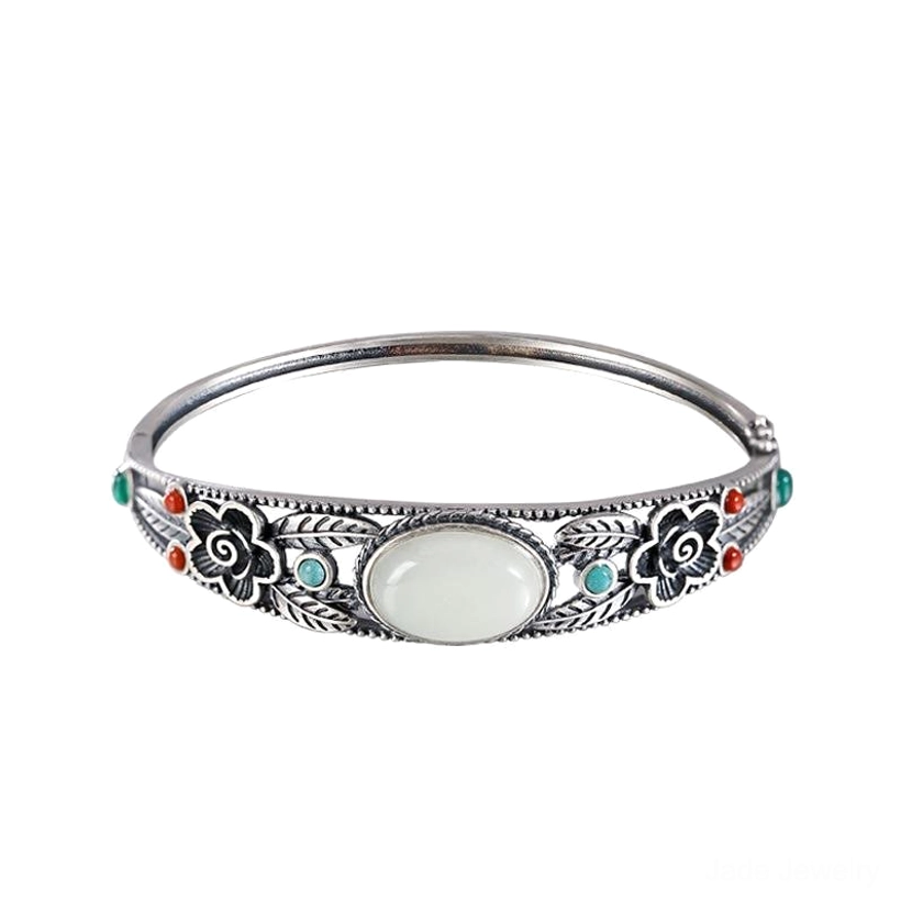 Premium jade flower bangle with protective buckle mechanism, traditional Chinese carving, natural jade stone