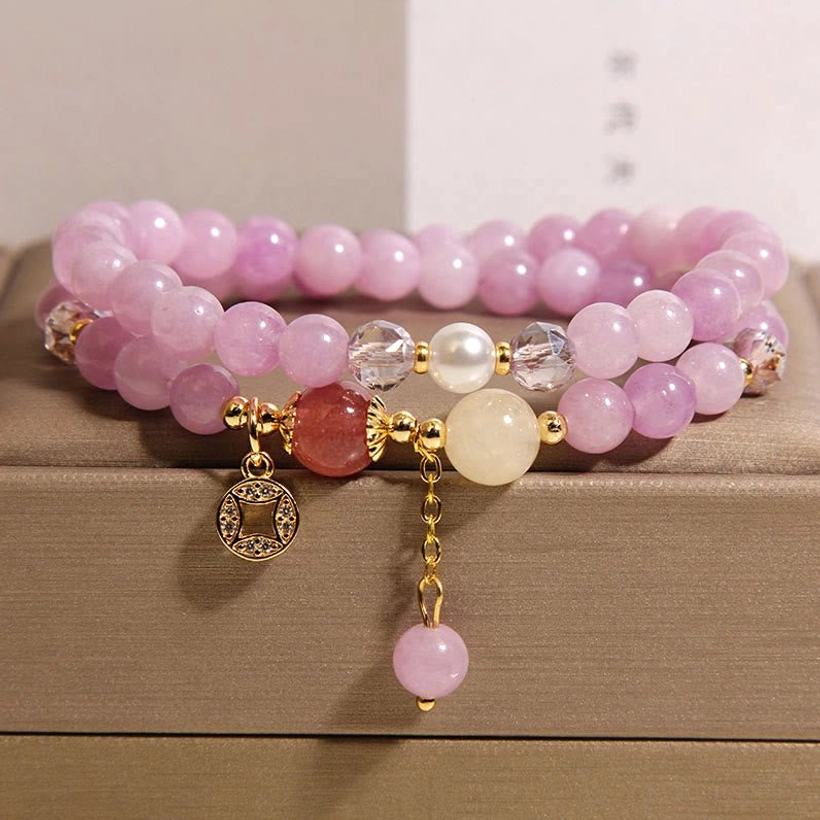 Pink jade purple jade double wrap bracelet with copper coin charm and gemstone pendant in brown gift box
