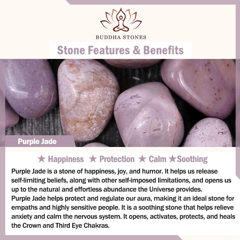 Purple jade stone introduction showing polished purple jade gemstones and happiness protection benefits