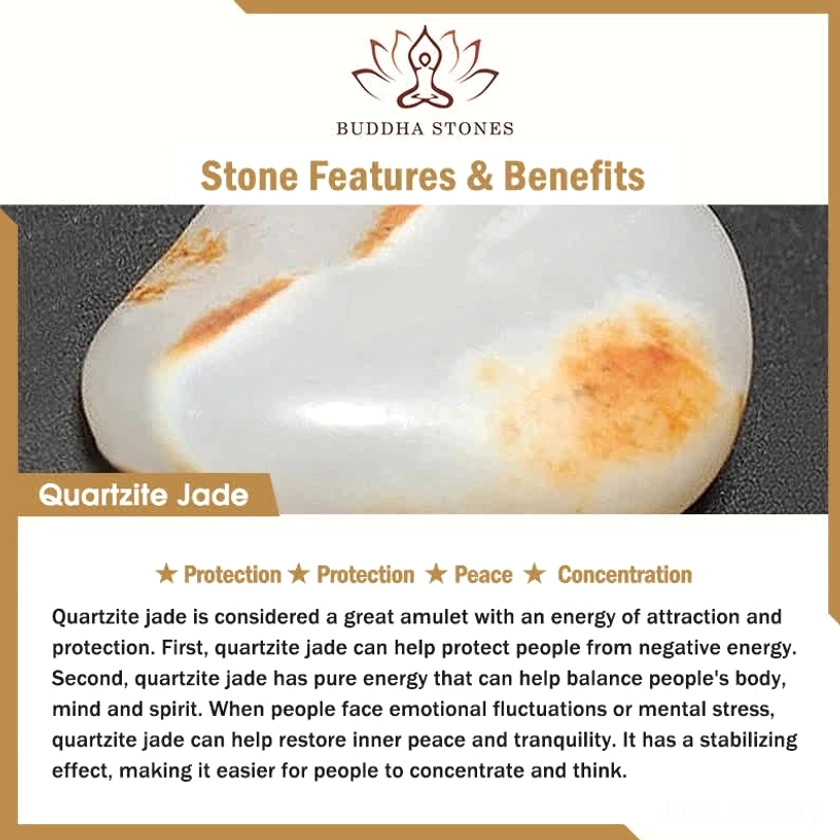 Quartzite jade stone benefits and properties promotional image showing raw mineral sample with crystal healing information and wellness benefits for e-commerce