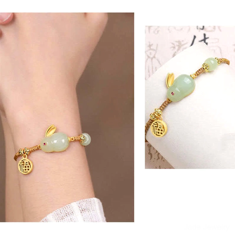 Back view of worn Hetian jade Rabbit bracelet showing adjustable rope tassels
