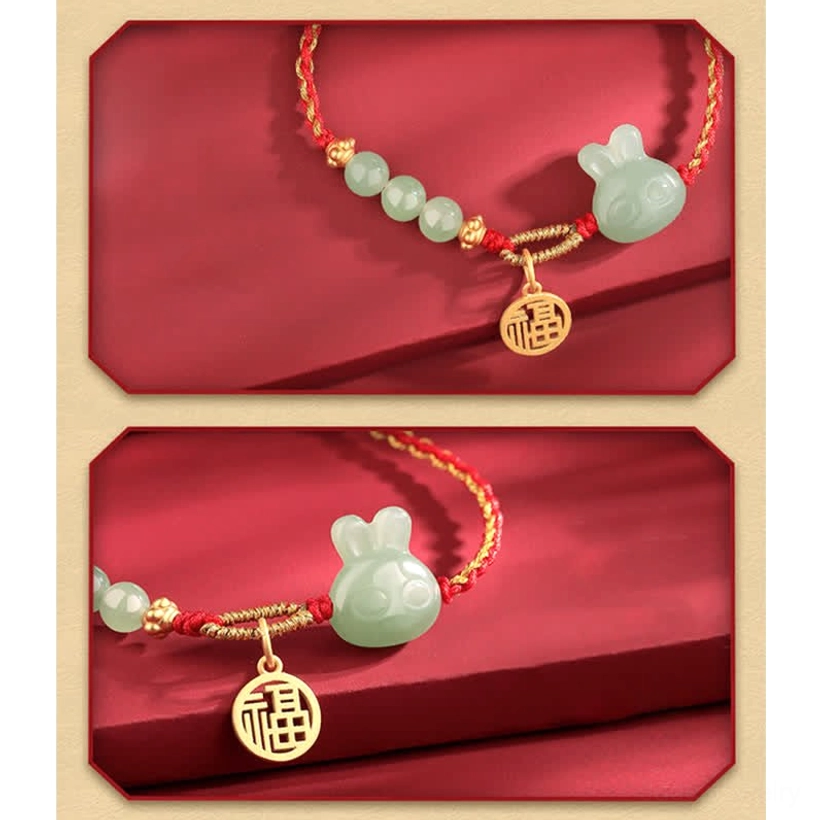 Close-up of rabbit jade fortune bracelet showing woven rope texture and jade beads