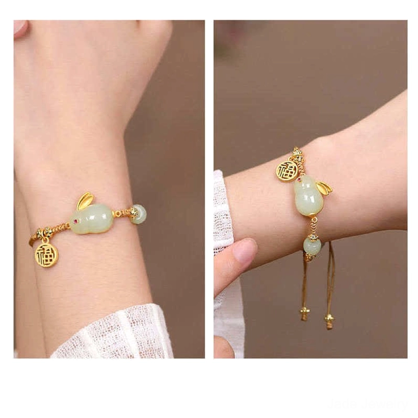 Hetian jade Rabbit charm with golden tassel adjuster and jade bead accent on wrist