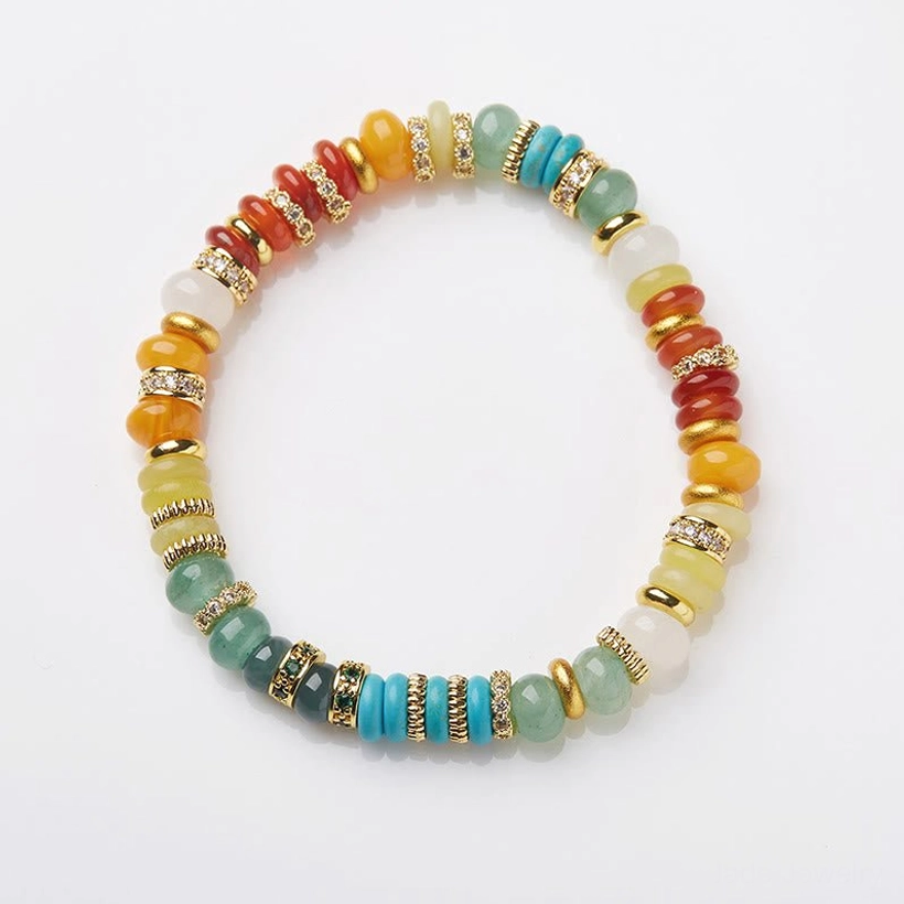 Full circle rainbow jade agate bracelet display showing all stone colors and gold-plated spacers