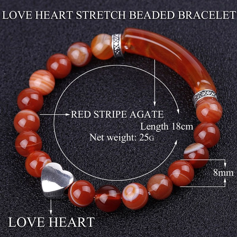 Red agate heart bracelet product specifications showing 18cm length and 8mm bead diameter