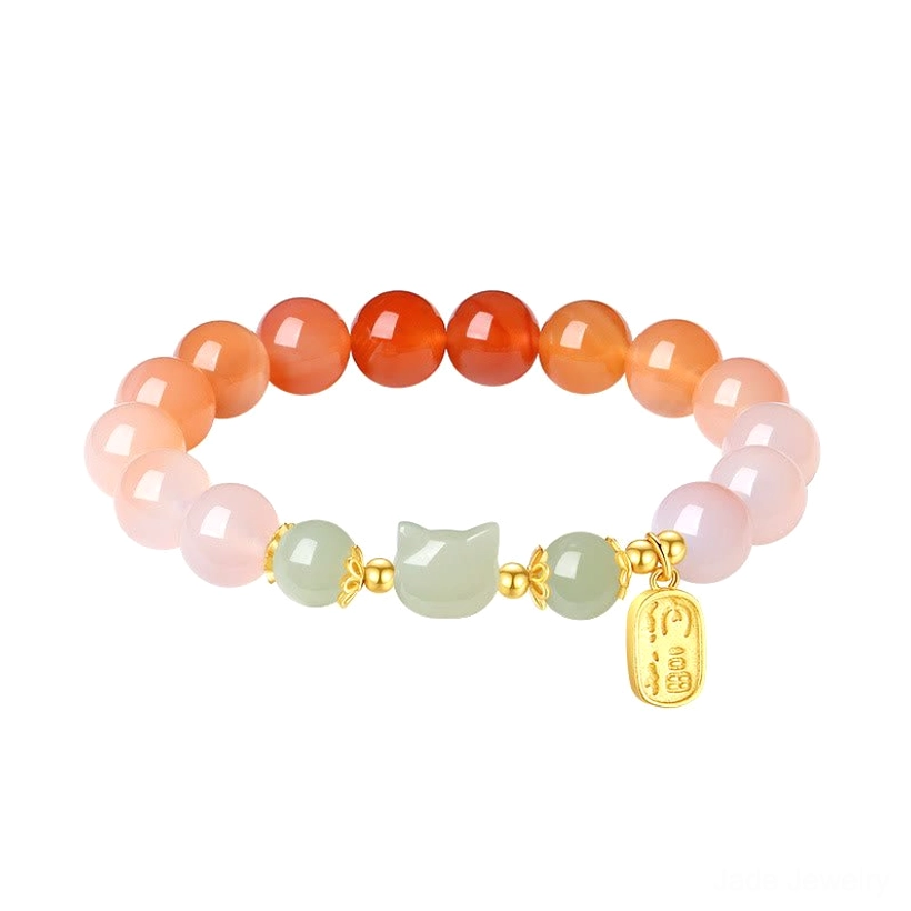 Red agate Hetian jade cat Fu character bracelet natural stone texture close-up