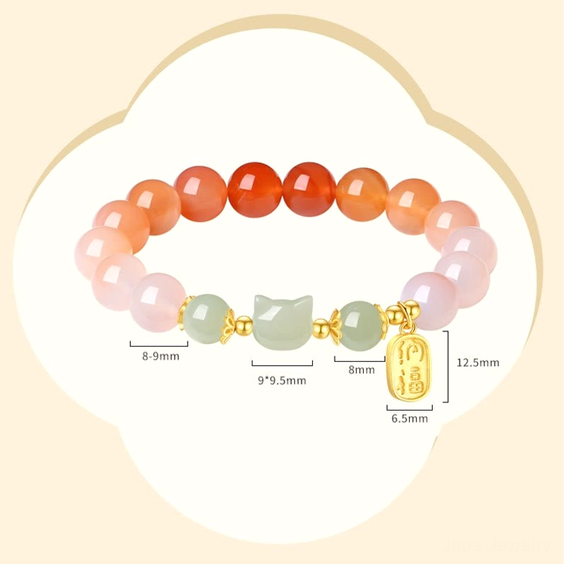 Detailed view red agate gradient beads Hetian jade cat charm Fu pendant sterling silver