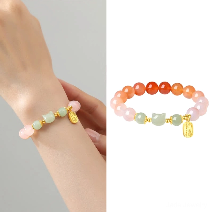 Red agate Hetian jade cat Fu character bracelet sterling silver complete product composition