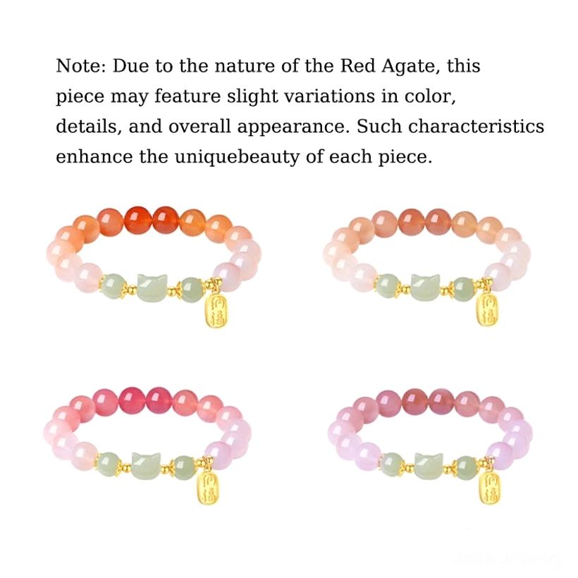 Handmade red agate jade cat Fu bracelet with premium elastic string sterling silver sizing
