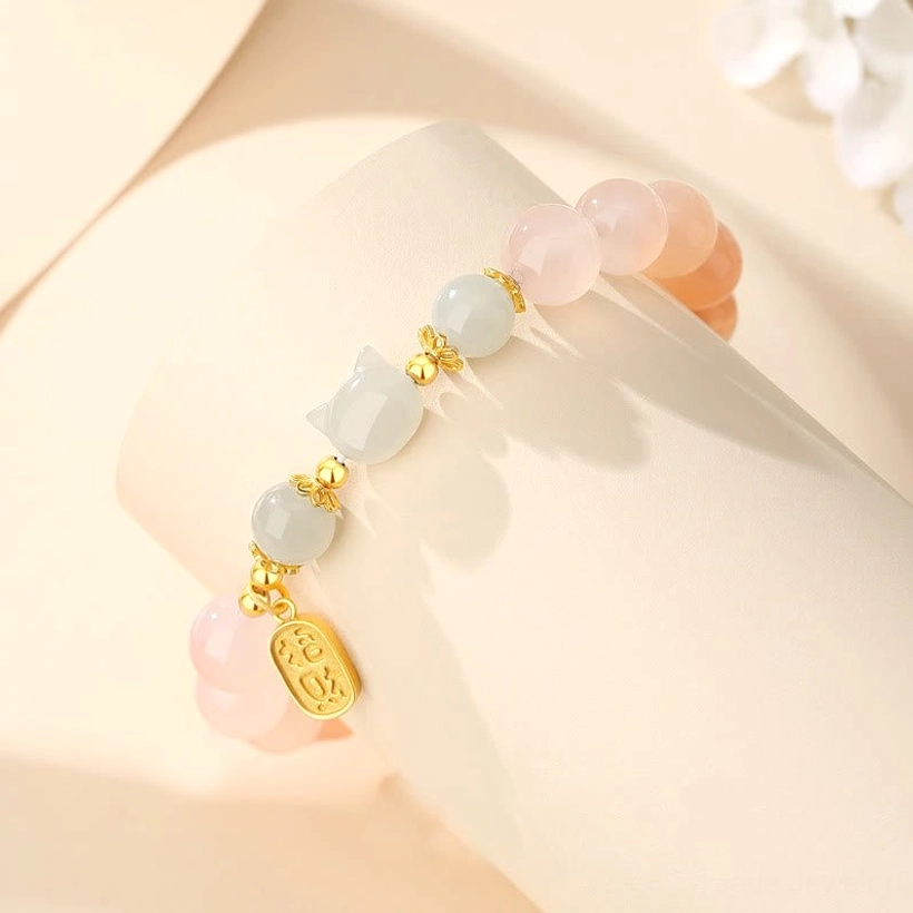 Pink gradient agate jade cat beads bracelet with Fu character tag three-quarter side angle