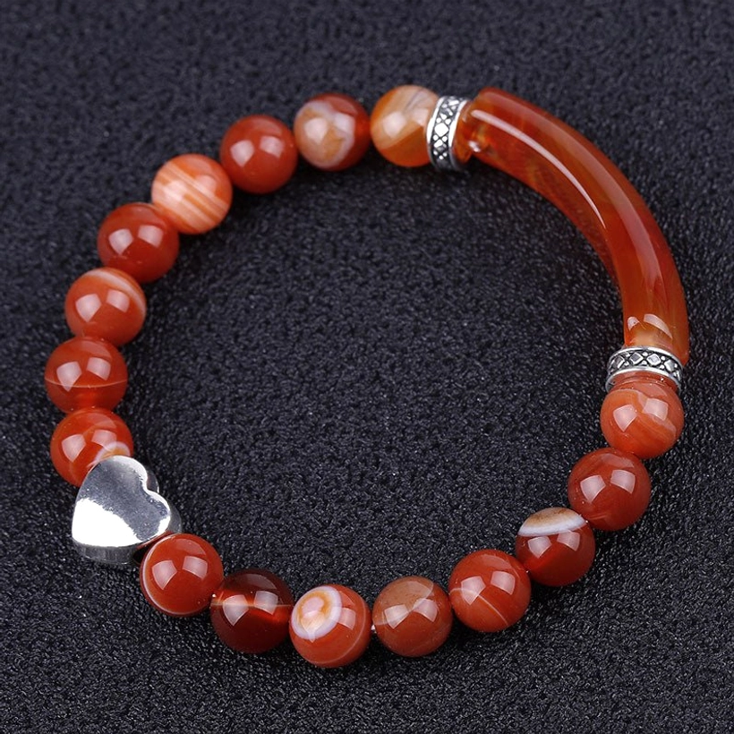 Striped red agate beaded bracelet with mixed red and brown stone beads and heart charm