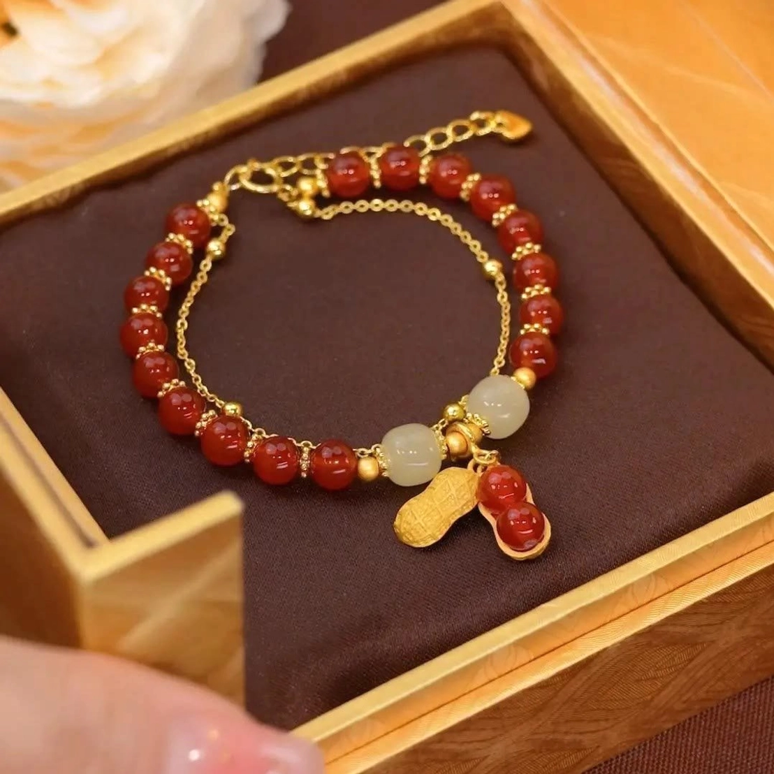 Red bead peanut jade bracelet double-layer design for good fortune and luck