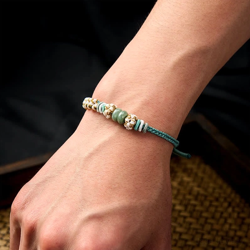 Red cord jade bracelet with peach blossom knot handmade artisan