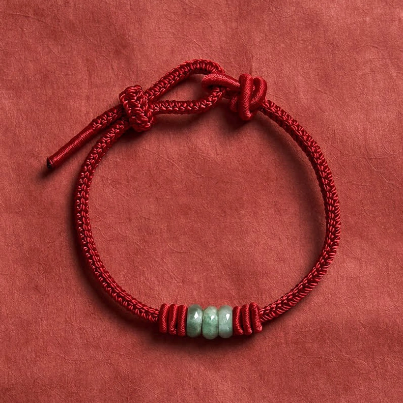 Overhead flat lay of adjustable red string jade bracelet showing braided cord, three jade beads and knot details