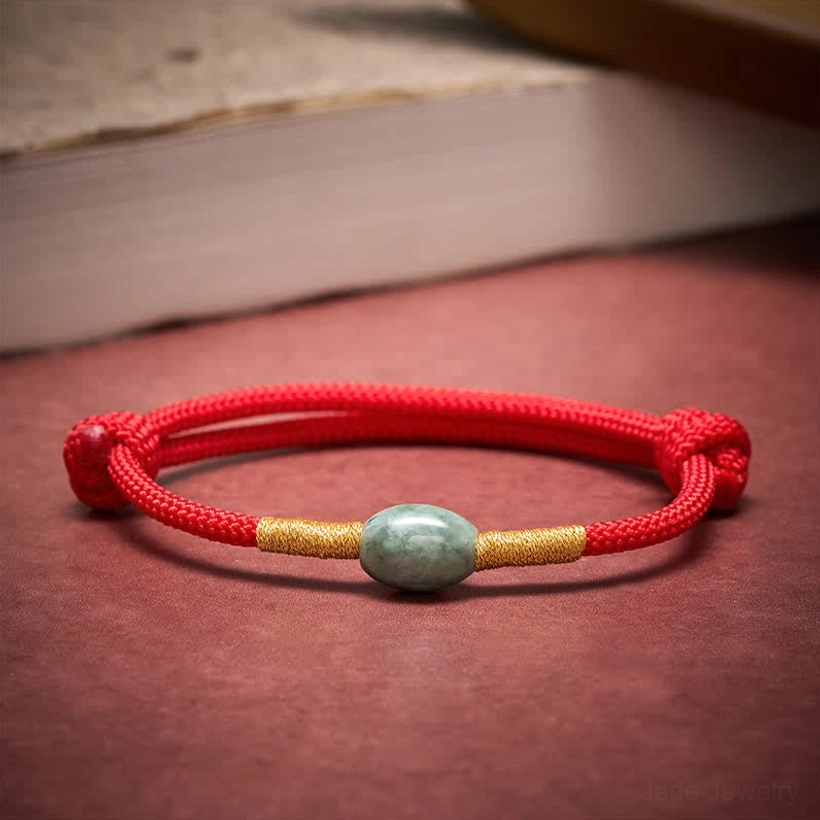 Red string jade bracelet front view on red table with book background highlighting braided cord and jade stone detail