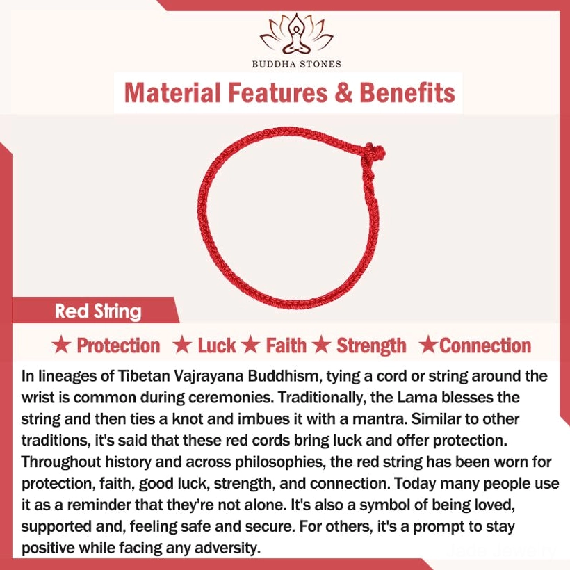 Red blessed string spiritual benefits infographic highlighting protection luck faith and connection symbolism