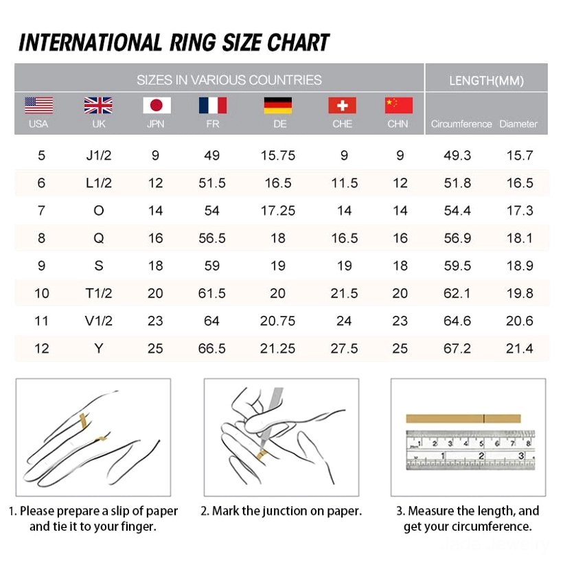 International ring size chart showing global ring sizing standards and measurement guide for finding perfect jade leaf ring fit