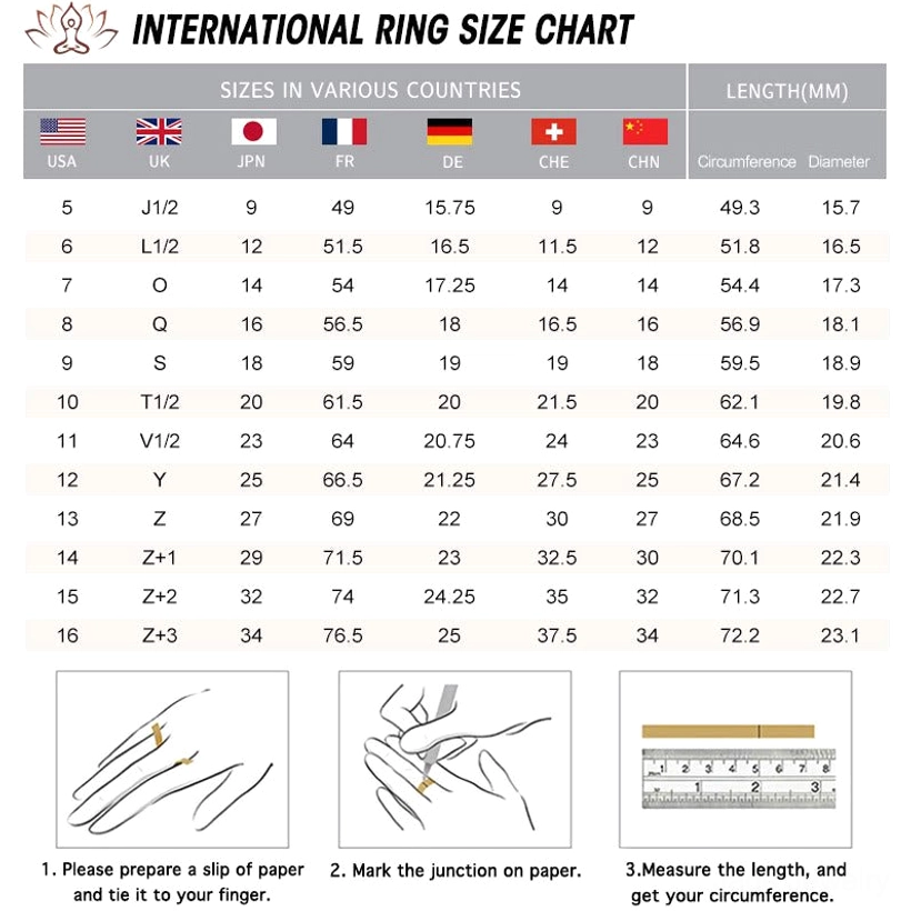 International ring size reference chart and measurement guide, multi-country sizing standards with finger measurement instructions