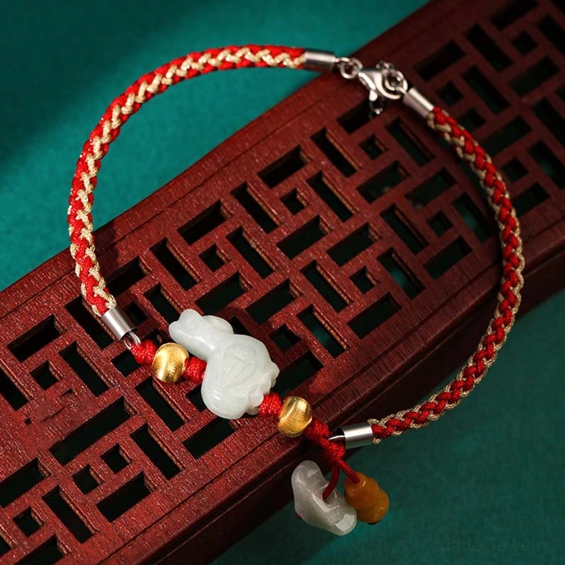 Rooster zodiac jade bracelet with red string courage and success talisman