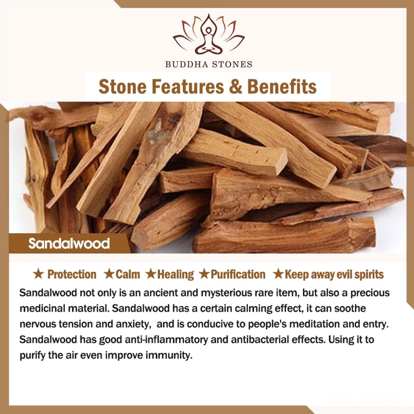 Sandalwood logs flat lay with informational text about sandalwood calming purification and healing properties