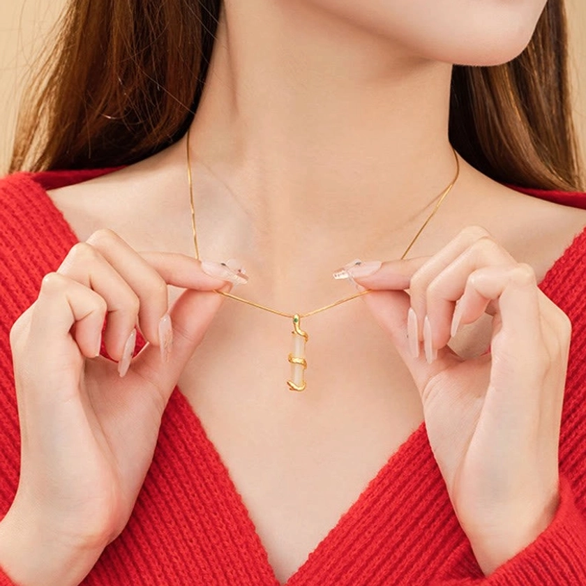 Snake zodiac hetian jade bamboo pendant necklace - 925 sterling silver minimalist design with natural white jade stone