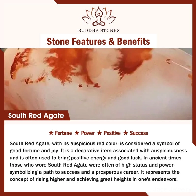South Red Agate stone close-up texture card showing fortune and healing benefits for prosperity bracelet