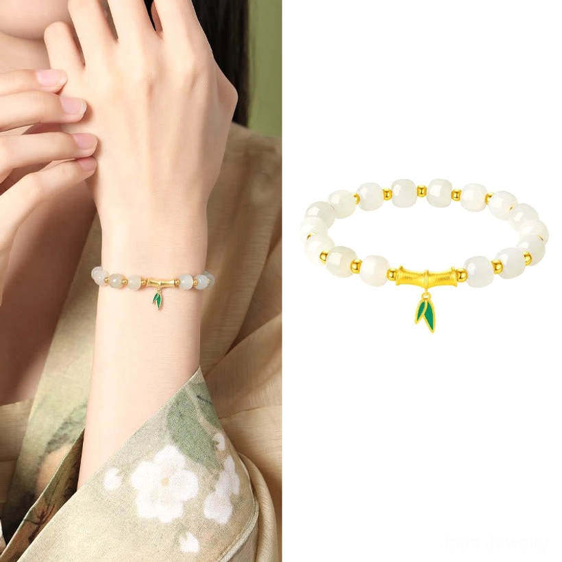925 sterling silver bamboo charm and metal hardware on Hetian jade bracelet for protection