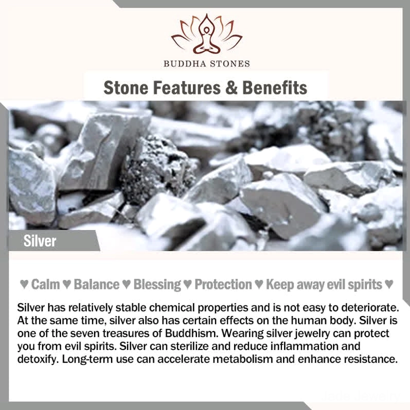 Sterling silver material benefits infographic for protection calm and blessing with silver samples