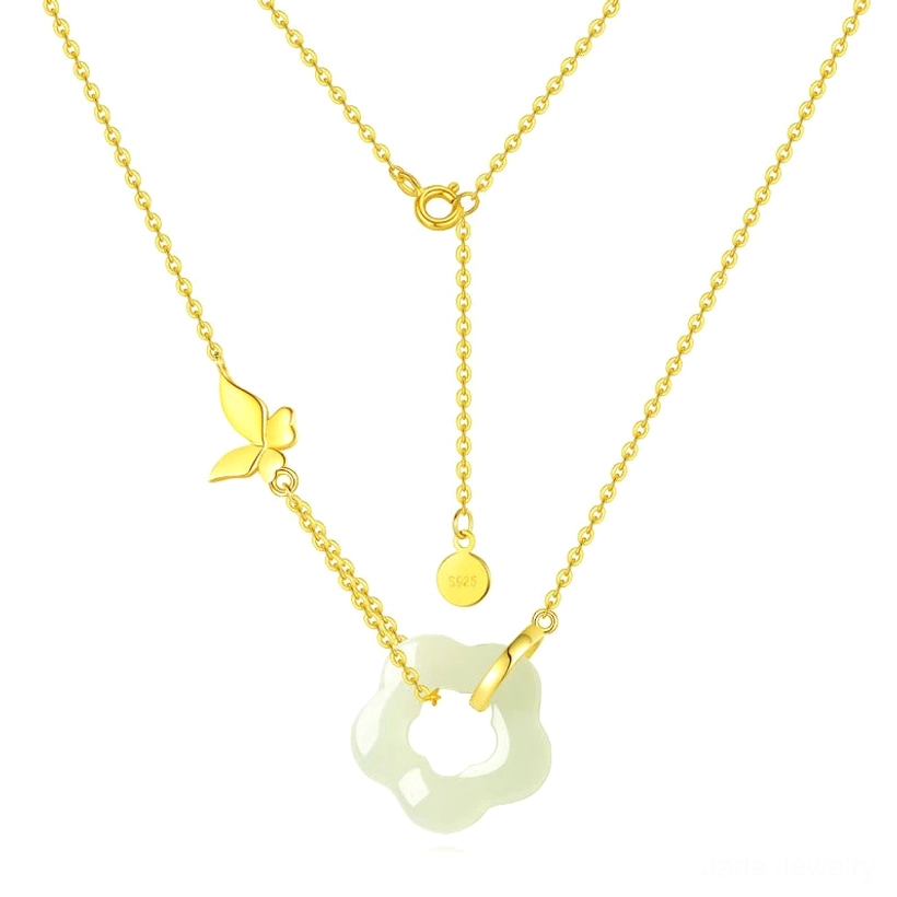 Double-layer gold sterling silver chain with round gold tag and light green Hetian jade flower charm