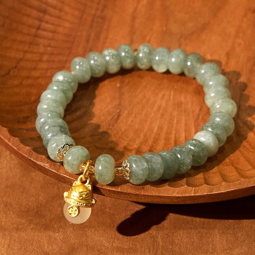 Strawberry Quartz Healing Bracelet Detail - Pink Beads with Gold Lucky Cat Charm
