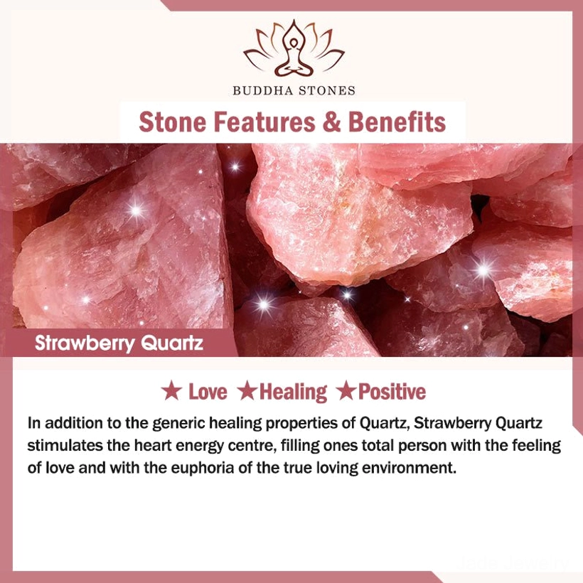 Strawberry quartz healing stone marketing infographic showcasing love positive energy and emotional healing benefits