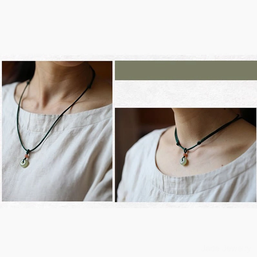 Two thin cord jade pendant necklaces with small pendants and pink beads, split neck wear comparison
