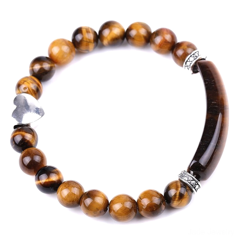 Tiger eye gemstone heart bracelet featuring natural striped pattern and silver clasp