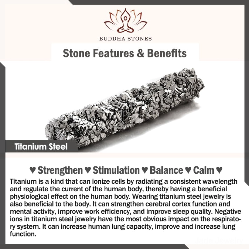 Titanium steel health benefits infographic, showcasing ionic properties, wellness advantages, and physical benefits of titanium jewelry