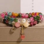 Multi-stone tourmaline aquamarine purple jade jade copper coin double wrap bracelet with protective charm in gift box