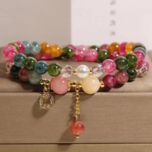 Multi-stone tourmaline aquamarine purple jade jade copper coin double wrap bracelet with protective charm in gift box