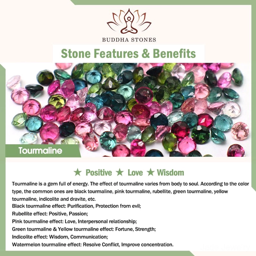 Tourmaline crystal properties poster showing different tourmaline types and their healing benefits